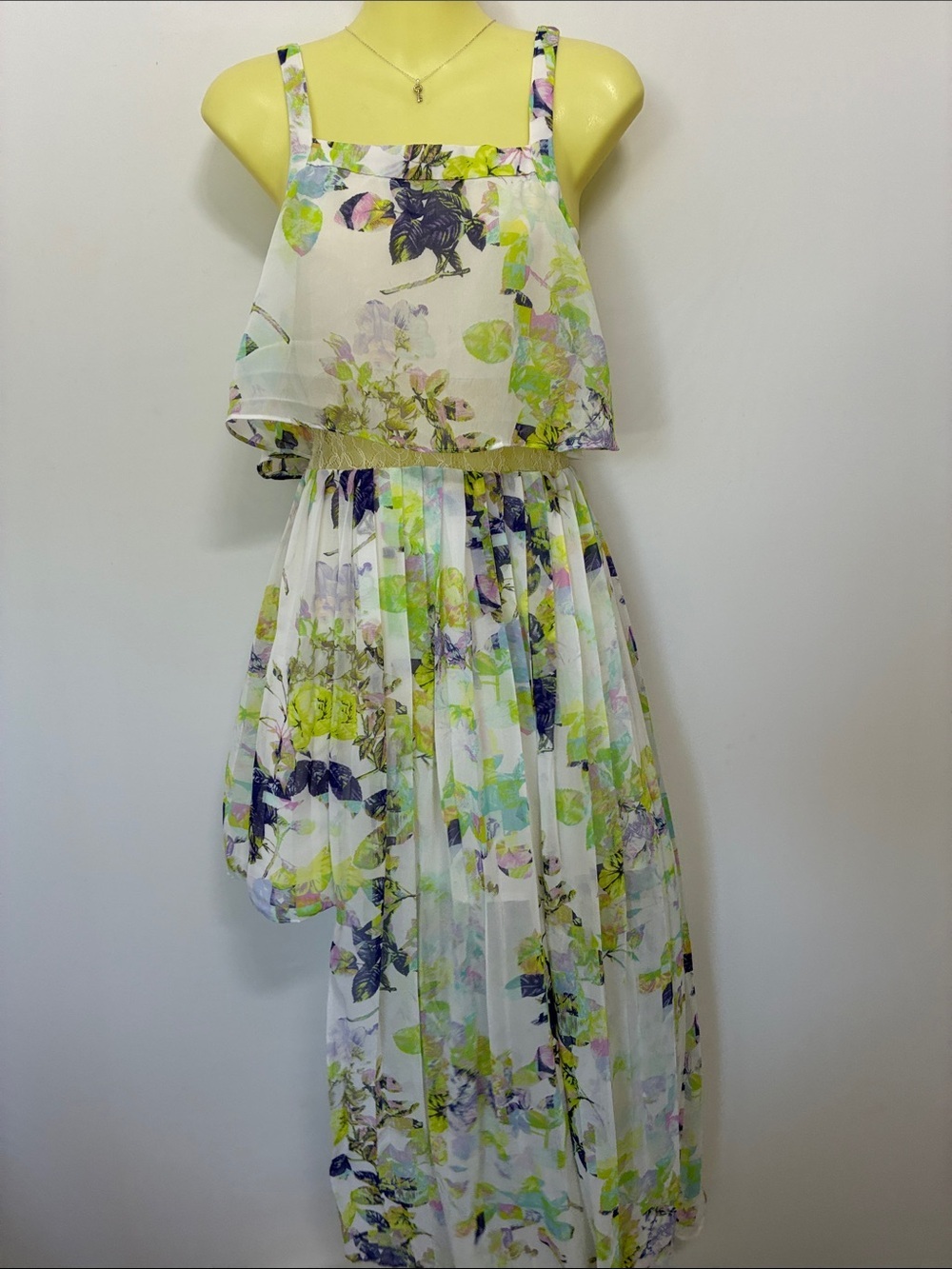 BCBGeneration White Floral High Low Maxi Dress with Green and Purple Accents 2